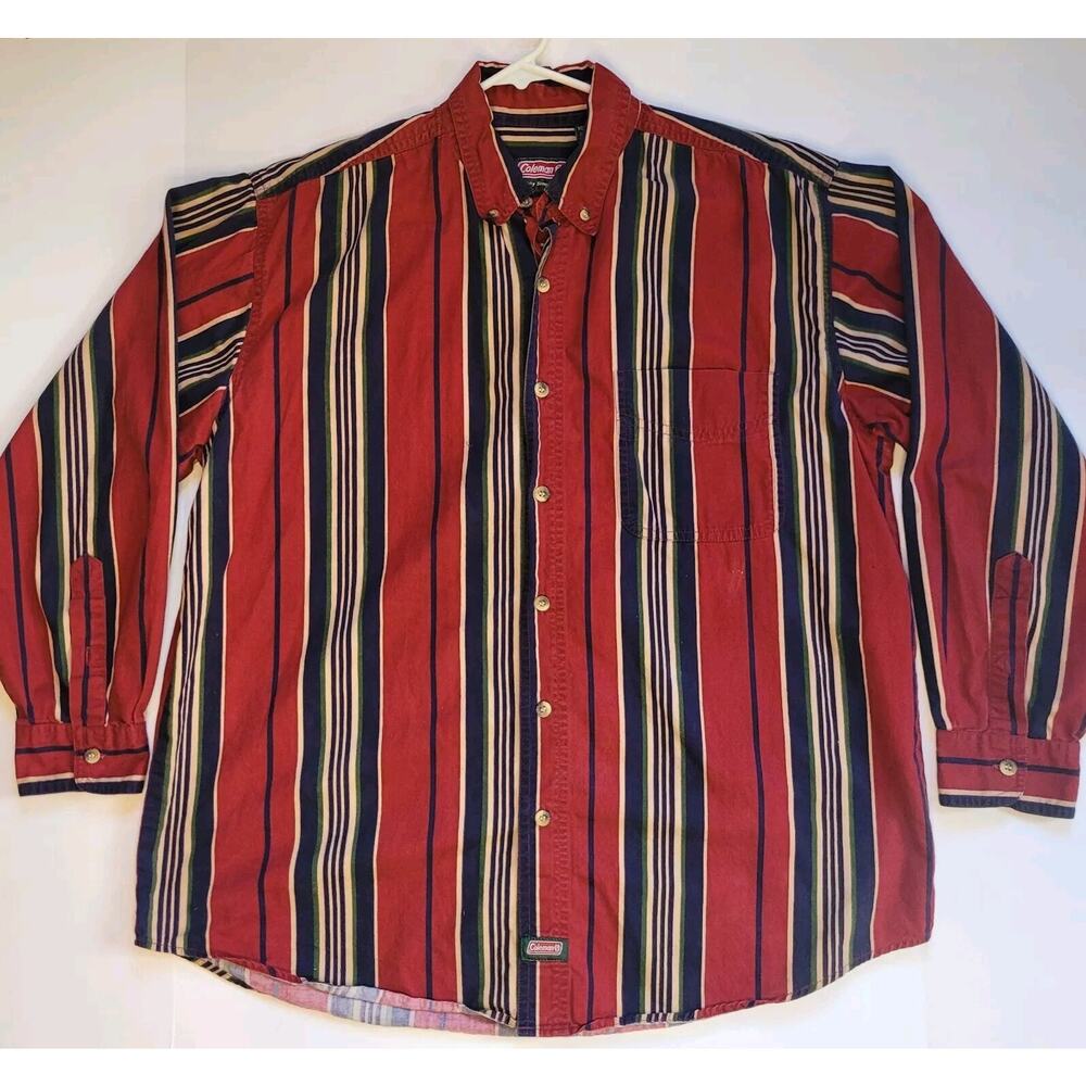 Vintage 90s Coleman Mens Large Red Blue Striped Button Down Shirt Classic